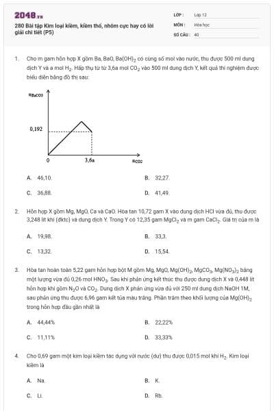 280 Bài tập Kim loại kiềm, kiềm thổ, nhôm cực hay có lời giải chi tiết (P5)