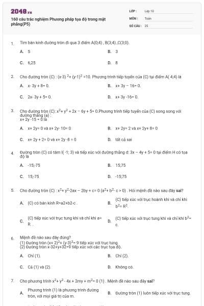 160 câu trắc nghiệm Phương pháp tọa độ trong mặt phẳng(P5)
