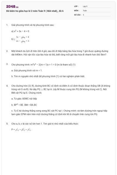 Đề kiểm tra giữa học kì 2 môn Toán 9 ( Mới nhất)_ đề 6