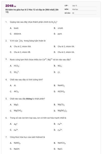 Đề kiểm tra giữa học kì 2 Hóa 12 có đáp án (Mới nhất) (Đề 15)