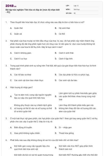 Bài tập trắc nghiệm Tiến hóa có đáp án (mức độ nhận biết - P2)