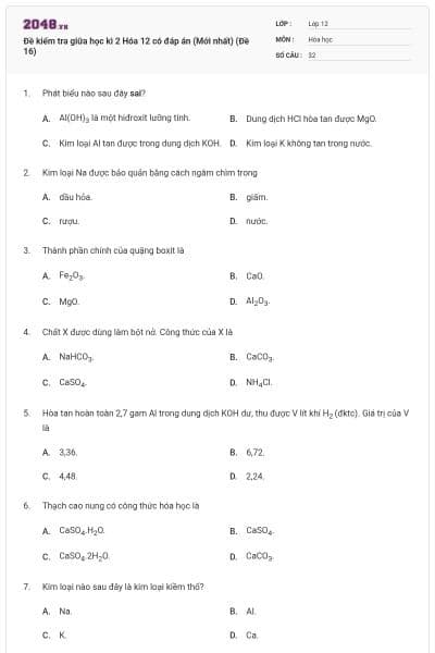 Đề kiểm tra giữa học kì 2 Hóa 12 có đáp án (Mới nhất) (Đề 16)