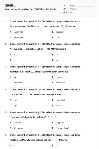 Đề thi vào lớp 10 môn Tiếng Anh TP.HCM 2015 có đáp án