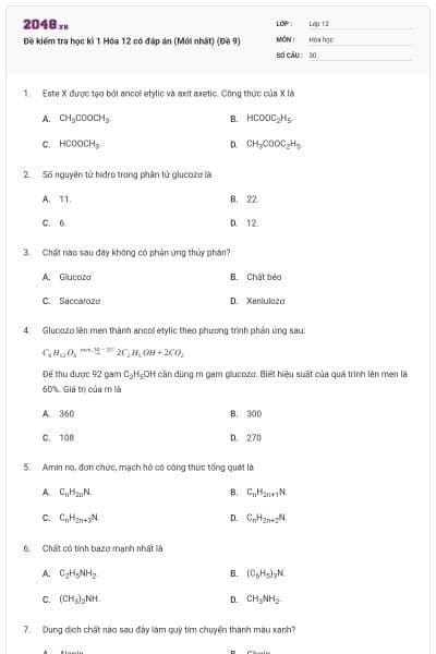 Đề kiểm tra học kì 1 Hóa 12 có đáp án (Mới nhất) (Đề 9)