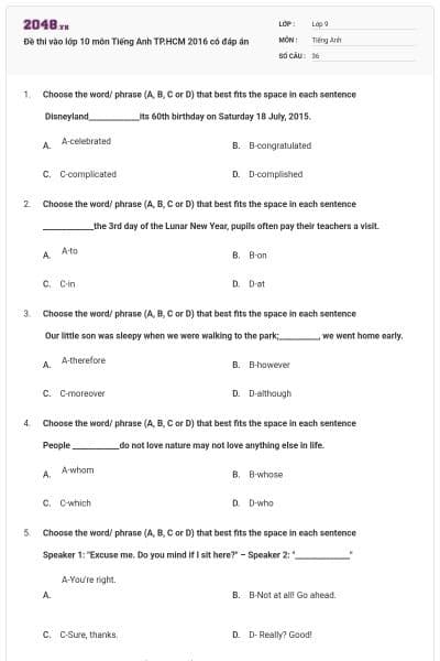 Đề thi vào lớp 10 môn Tiếng Anh TP.HCM 2016 có đáp án