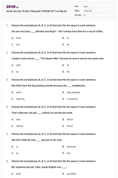 Đề thi vào lớp 10 môn Tiếng Anh TP.HCM 2017 có đáp án