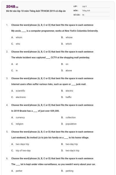 Đề thi vào lớp 10 môn Tiếng Anh TP.HCM 2019 có đáp án