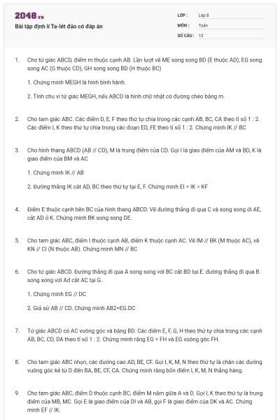 Bài tập định lí Ta-lét đảo có đáp án