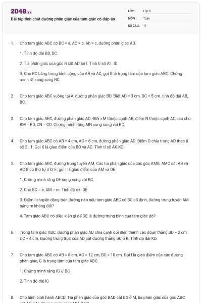 Bài tập tính chất đường phân giác của tam giác có đáp án
