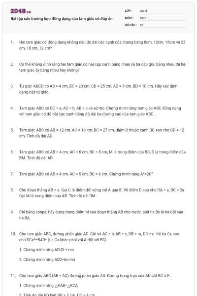 Bài tập các trường hợp đồng dạng của tam giác có đáp án