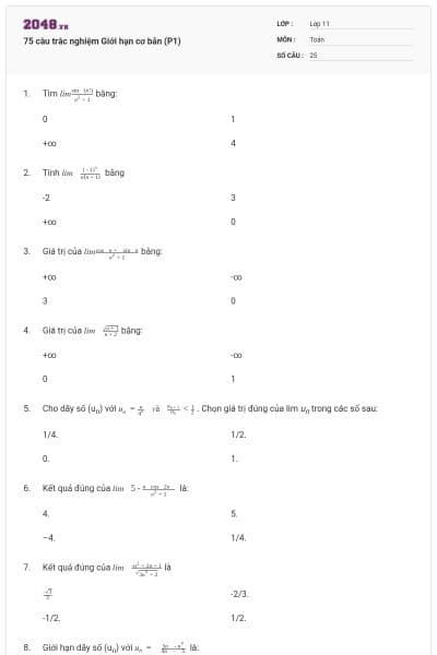 75 câu trắc nghiệm Giới hạn cơ bản (P1)