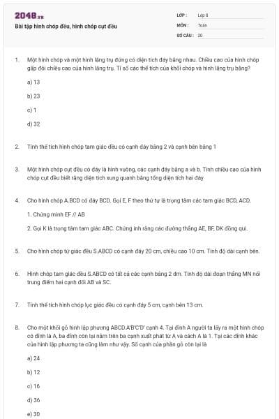 Bài tập hình chóp đều, hình chóp cụt đều