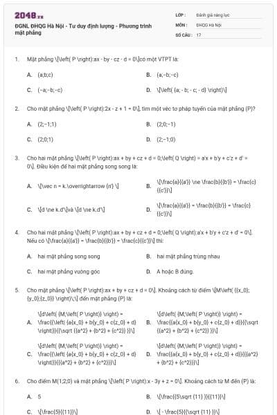 ĐGNL ĐHQG Hà Nội - Tư duy định lượng - Phương trình mặt phẳng