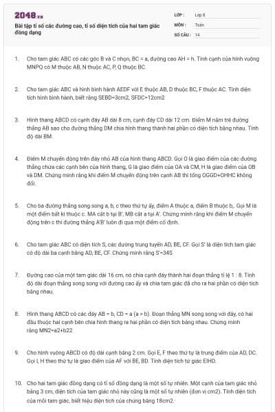 Bài tập tỉ số các đường cao, tỉ số diện tích của hai tam giác đồng dạng