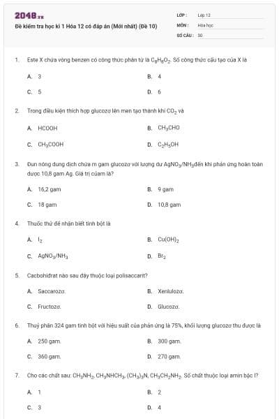 Đề kiểm tra học kì 1 Hóa 12 có đáp án (Mới nhất) (Đề 10)