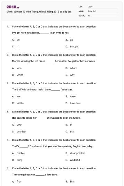 Đề thi vào lớp 10 môn Tiếng Anh Đà Nẵng 2016 có đáp án