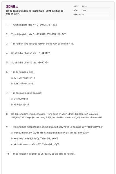 Đề thi Toán lớp 6 Học kì 1 năm 2020 - 2021 cực hay, có đáp án (Đề 4)