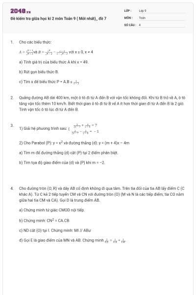 Đề kiểm tra giữa học kì 2 môn Toán 9 ( Mới nhất)_ đề 7