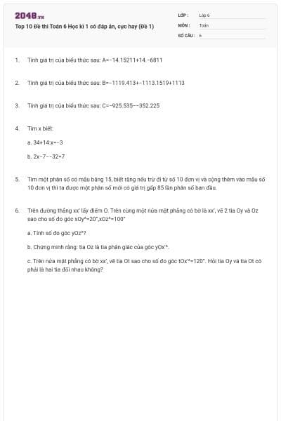 Top 10 Đề thi Toán 6 Học kì 1 có đáp án, cực hay (Đề 1)