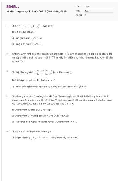 Đề kiểm tra giữa học kì 2 môn Toán 9 ( Mới nhất)_ đề 10