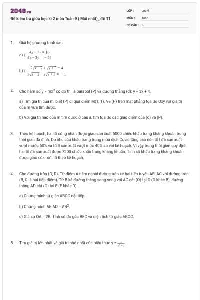 Đề kiểm tra giữa học kì 2 môn Toán 9 ( Mới nhất)_ đề 11