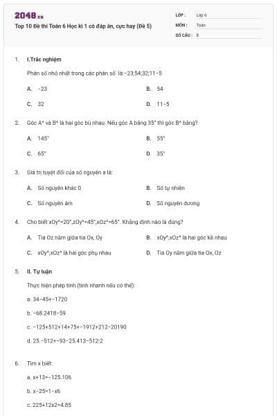 Top 10 Đề thi Toán 6 Học kì 1 có đáp án, cực hay (Đề 5)