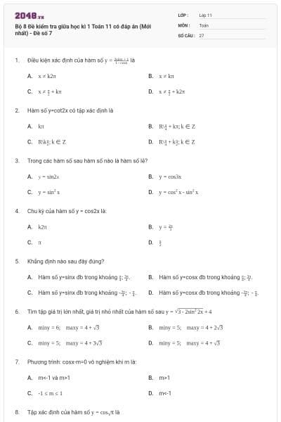 Bộ 8 Đề kiểm tra giữa học kì 1 Toán 11 có đáp án (Mới nhất) - Đề số 7