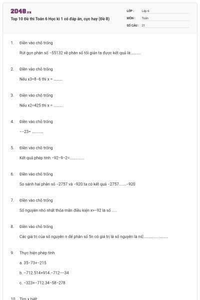 Top 10 Đề thi Toán 6 Học kì 1 có đáp án, cực hay (Đề 8)