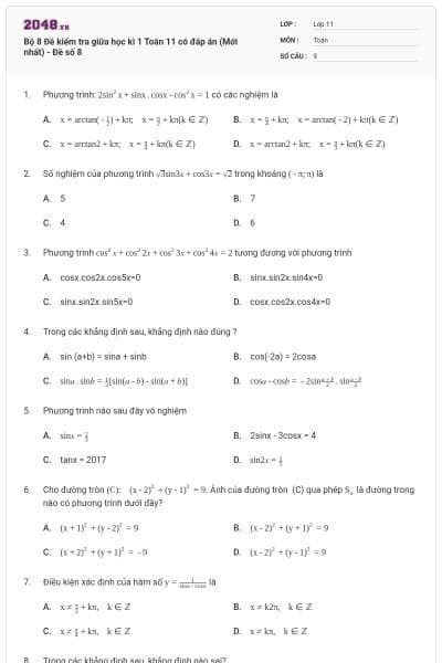 Bộ 8 Đề kiểm tra giữa học kì 1 Toán 11 có đáp án (Mới nhất) - Đề số 8