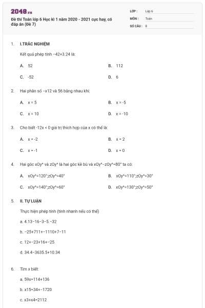 Đề thi Toán lớp 6 Học kì 1 năm 2020 - 2021 cực hay, có đáp án (Đề 7)