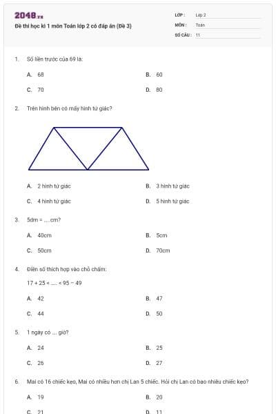 Đề thi học kì 1 môn Toán lớp 2 có đáp án (Đề 3)