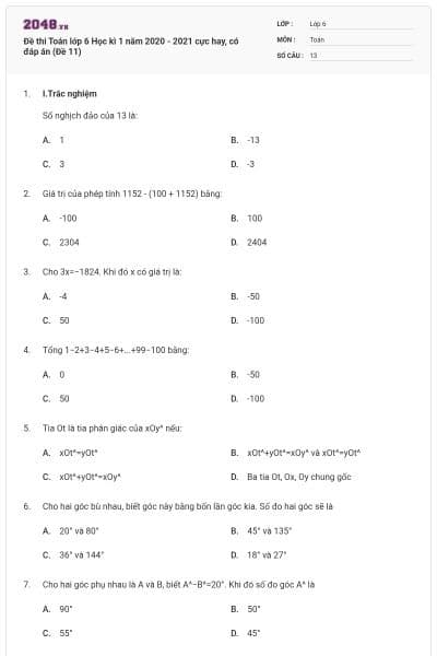 Đề thi Toán lớp 6 Học kì 1 năm 2020 - 2021 cực hay, có đáp án (Đề 11)