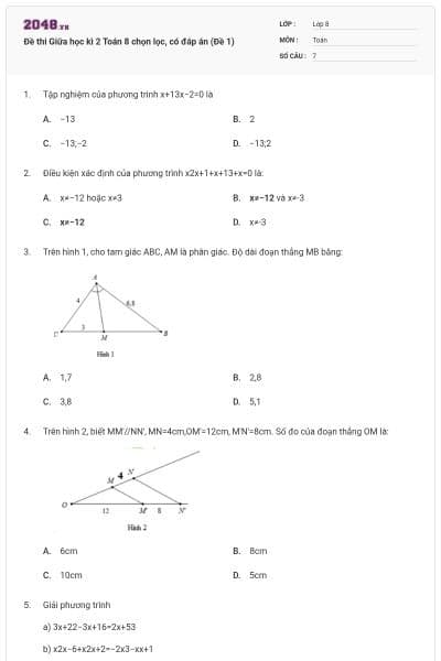 Đề thi Giữa học kì 2 Toán 8 chọn lọc, có đáp án (Đề 1)
