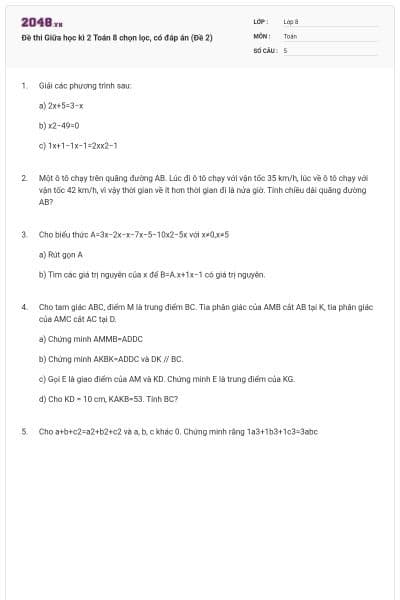 Đề thi Giữa học kì 2 Toán 8 chọn lọc, có đáp án (Đề 2)