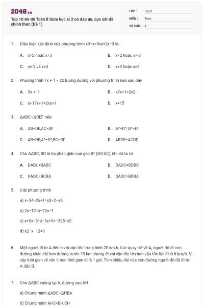 Top 10 Đề thi Toán 8 Giữa học kì 2 có đáp án, cực sát đề chính thức (Đề 1)
