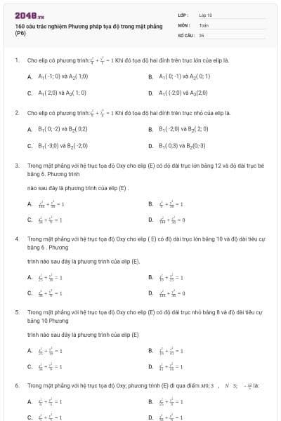 160 câu trắc nghiệm Phương pháp tọa độ trong mặt phẳng (P6)