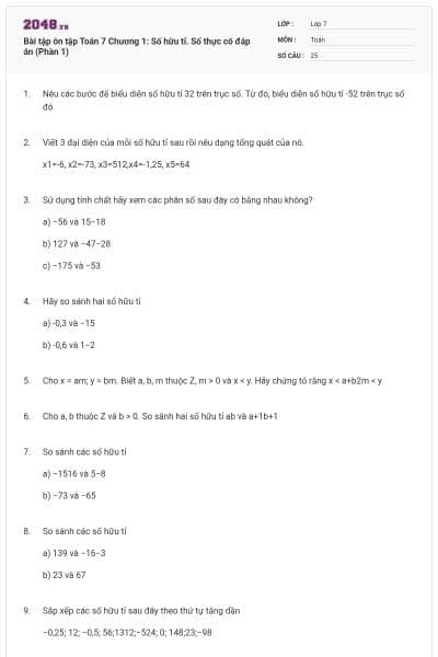 Bài tập ôn tập Toán 7 Chương 1: Số hữu tỉ. Số thực có đáp án (Phần 1)