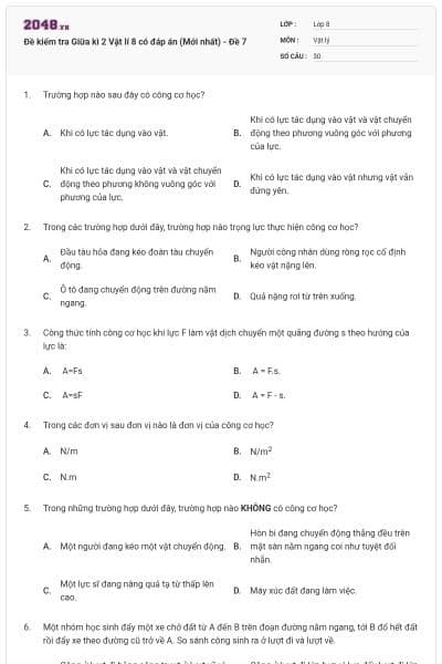 Đề kiểm tra Giữa kì 2 Vật lí 8 có đáp án (Mới nhất) - Đề 7