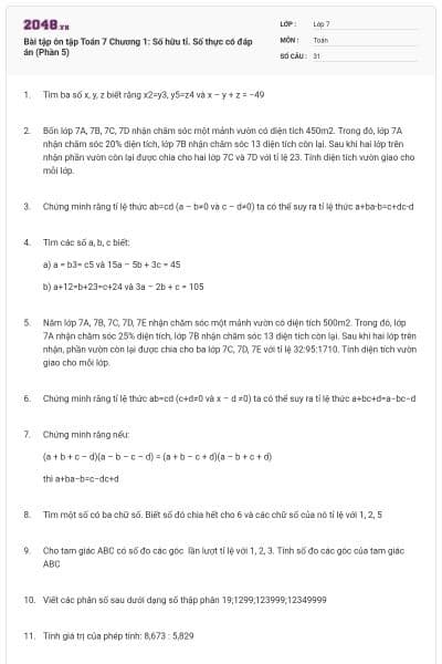 Bài tập ôn tập Toán 7 Chương 1: Số hữu tỉ. Số thực có đáp án (Phần 5)