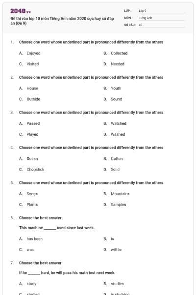 Đề thi vào lớp 10 môn Tiếng Anh năm 2020 cực hay có đáp án (Đề 9)