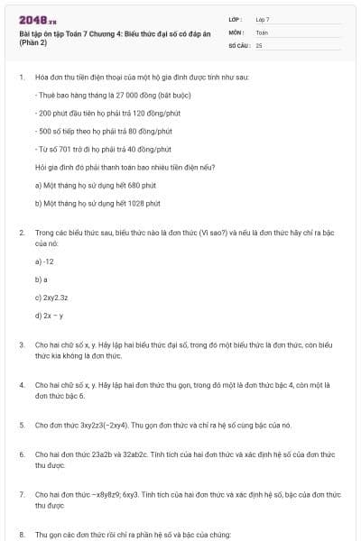 Bài tập ôn tập Toán 7 Chương 4: Biểu thức đại số có đáp án (Phần 2)