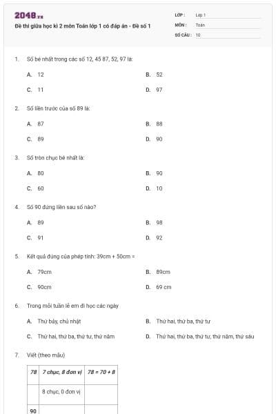 Đề thi giữa học kì 2 môn Toán lớp 1 có đáp án - Đề số 1