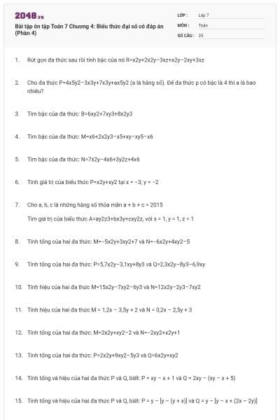 Bài tập ôn tập Toán 7 Chương 4: Biểu thức đại số có đáp án (Phần 4)
