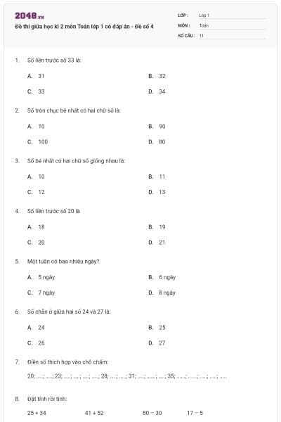 Đề thi giữa học kì 2 môn Toán lớp 1 có đáp án - Đề số 4