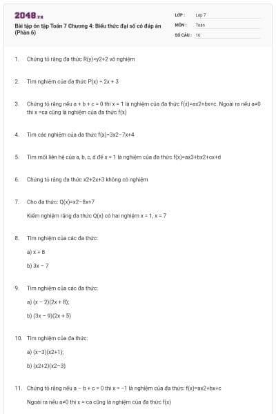 Bài tập ôn tập Toán 7 Chương 4: Biểu thức đại số có đáp án (Phần 6)