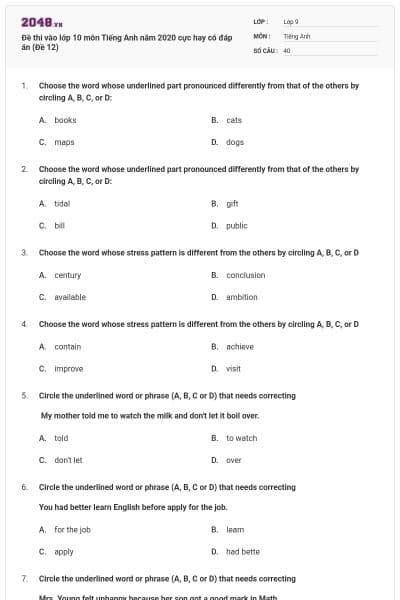 Đề thi vào lớp 10 môn Tiếng Anh năm 2020 cực hay có đáp án (Đề 12)