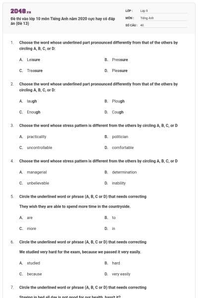 Đề thi vào lớp 10 môn Tiếng Anh năm 2020 cực hay có đáp án (Đề 13)