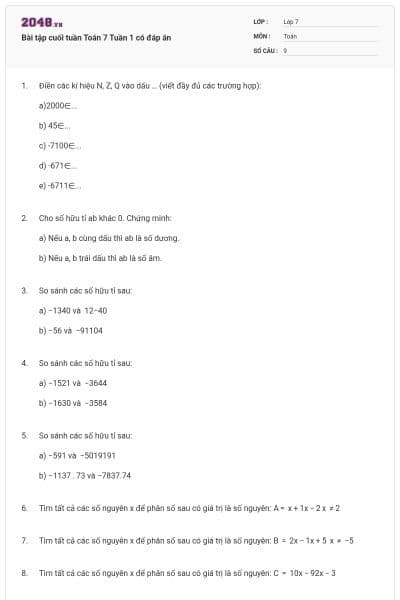 Bài tập cuối tuần Toán 7 Tuần 1 có đáp án