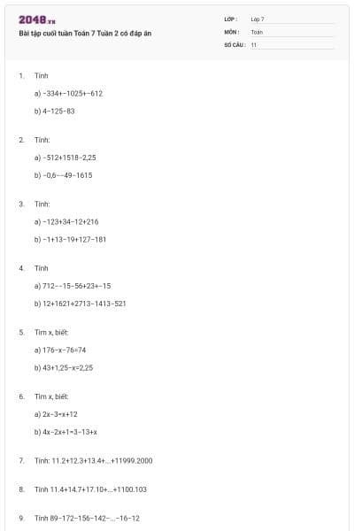 Bài tập cuối tuần Toán 7 Tuần 2 có đáp án