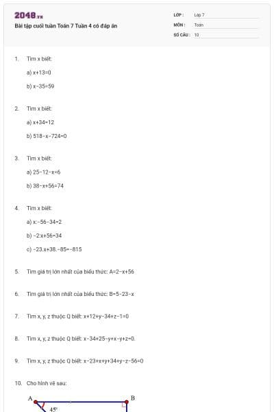 Bài tập cuối tuần Toán 7 Tuần 4 có đáp án